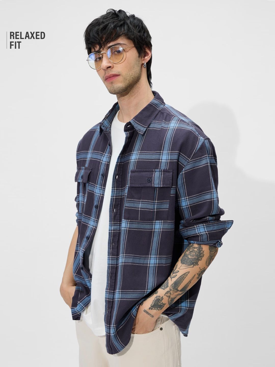 Plaid: Blue Men Utility Shirts