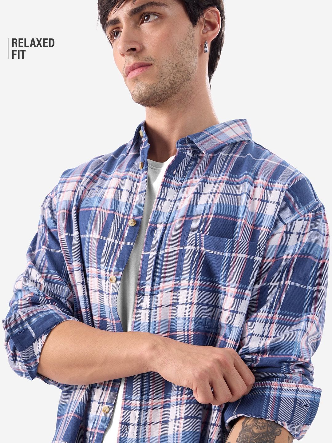 Plaid: Blue, Pink, White Men Relaxed Shirts