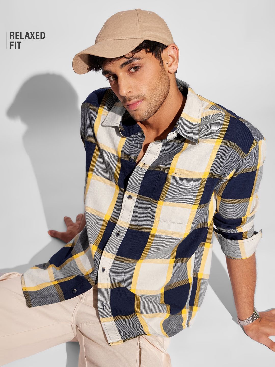 Plaid: Navy, Beige Men Relaxed Shirts