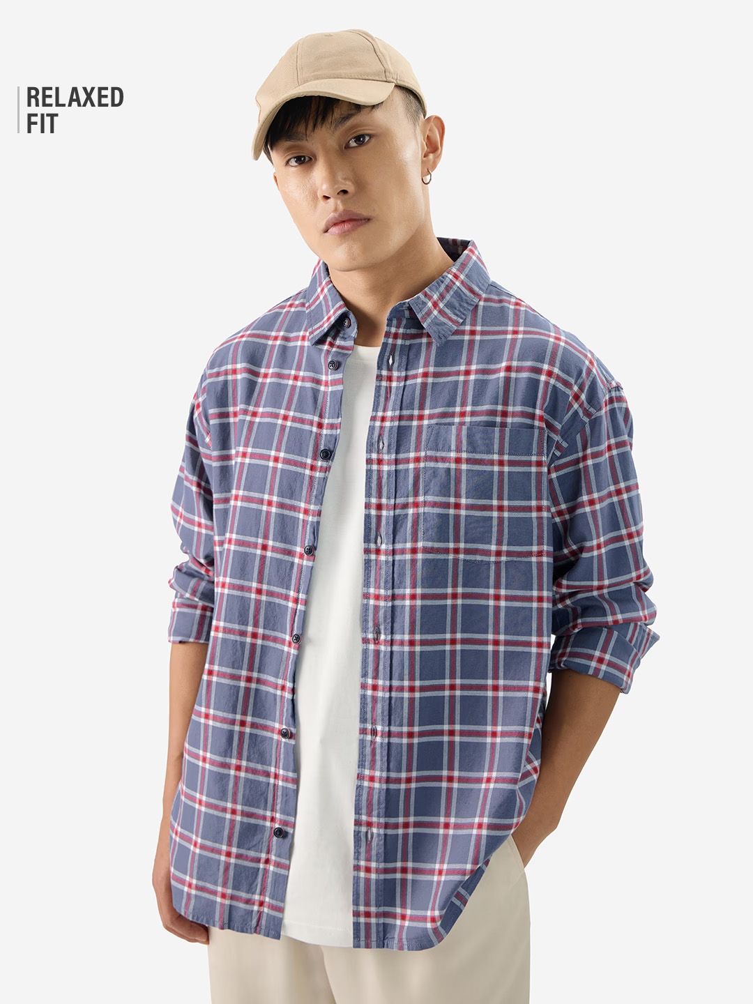 Plaid: Blue, Red Men Relaxed Shirts