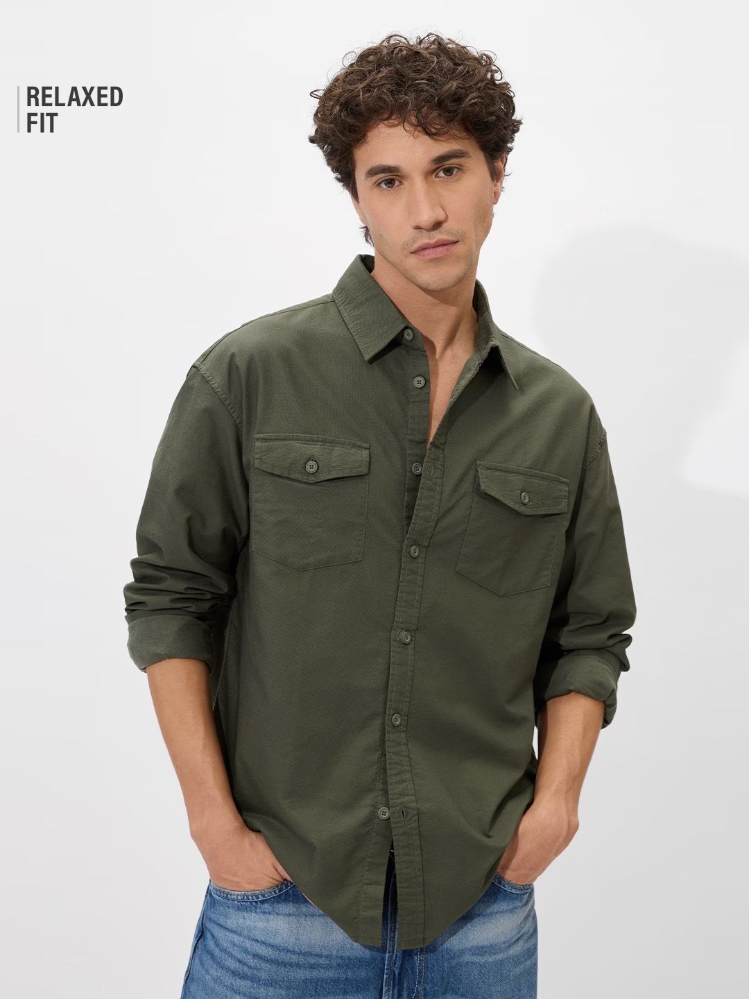 Solids: Olive Green Men Utility Shirts Online