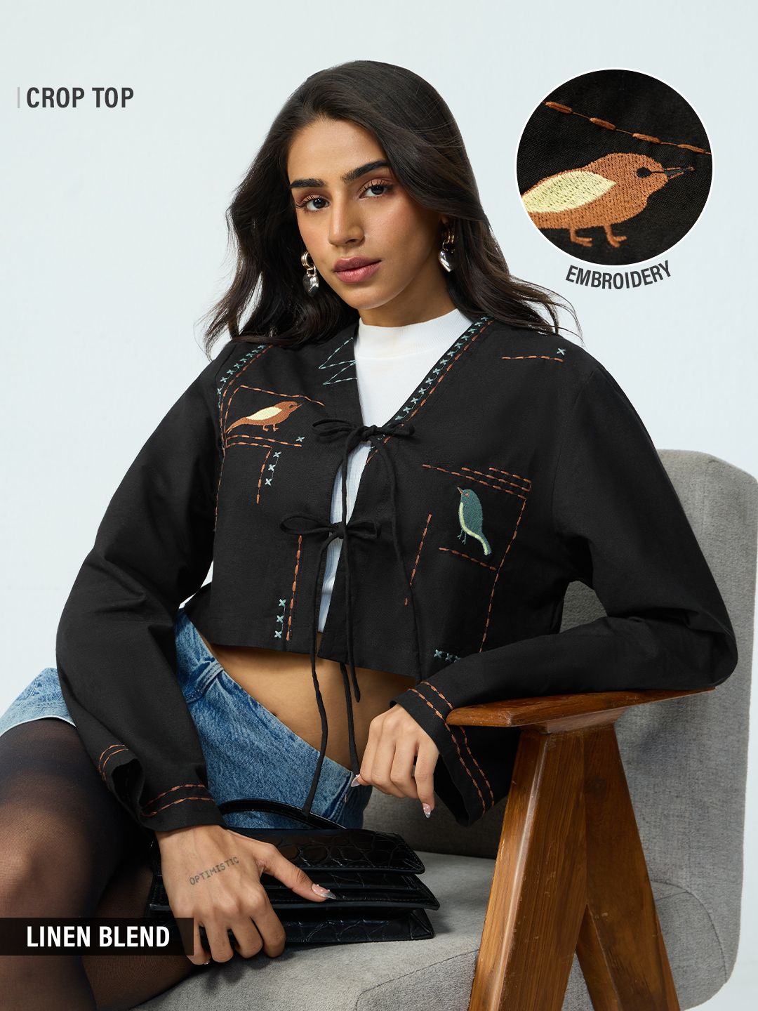 Cotton Linen: Birdwatch Women Cropped Tops Online