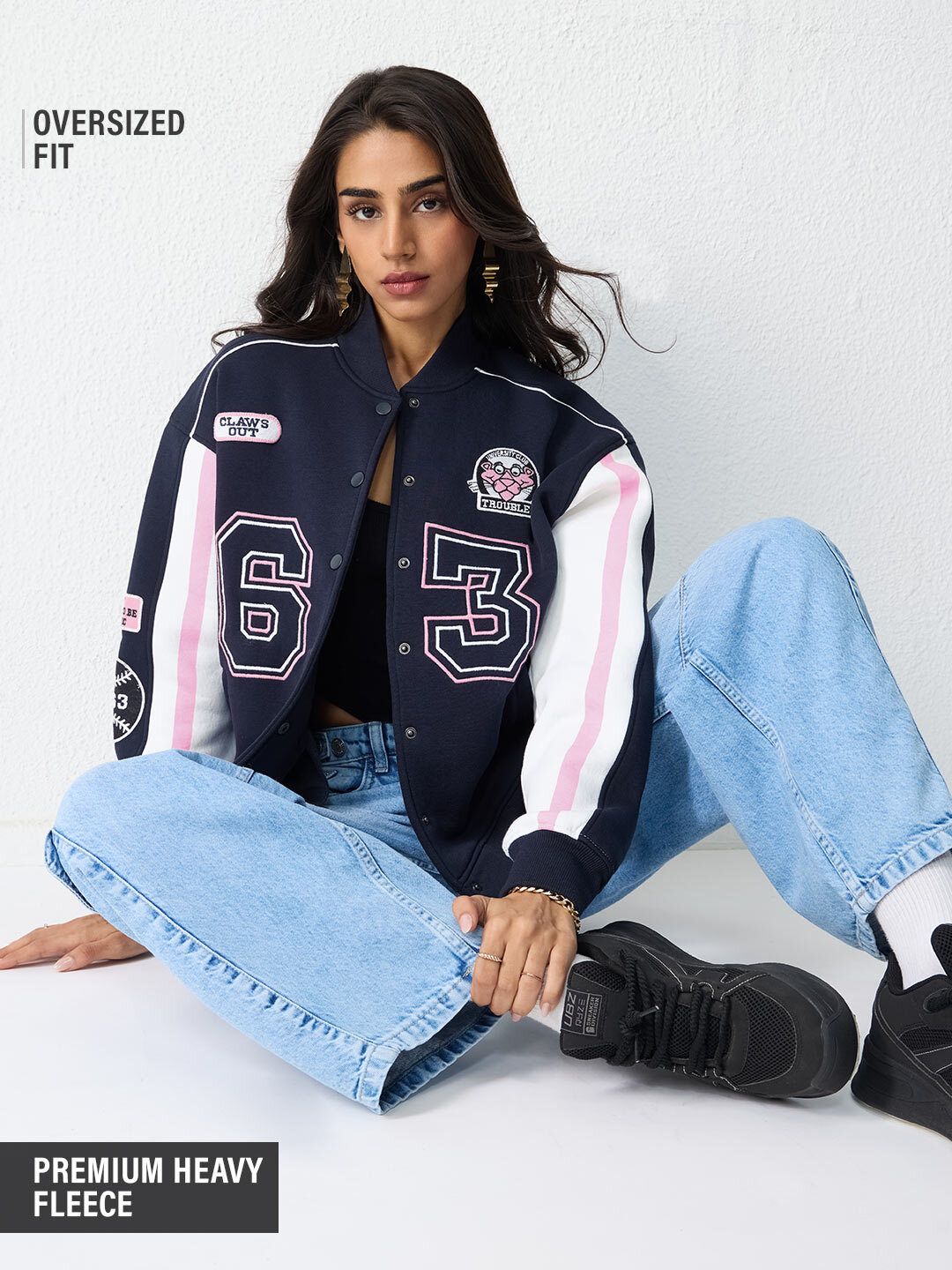 Pink Panther: Pink Play Women Oversized Varsity Jackets Online