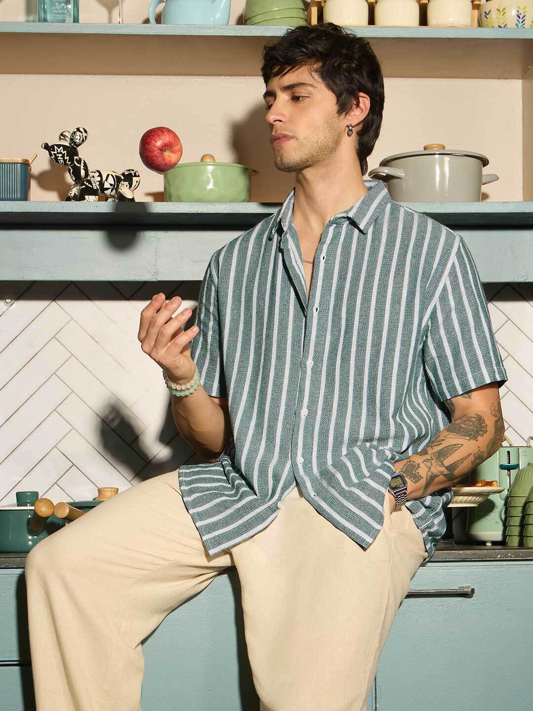 TSS Originals: Stripes Green Men Textured Shirts