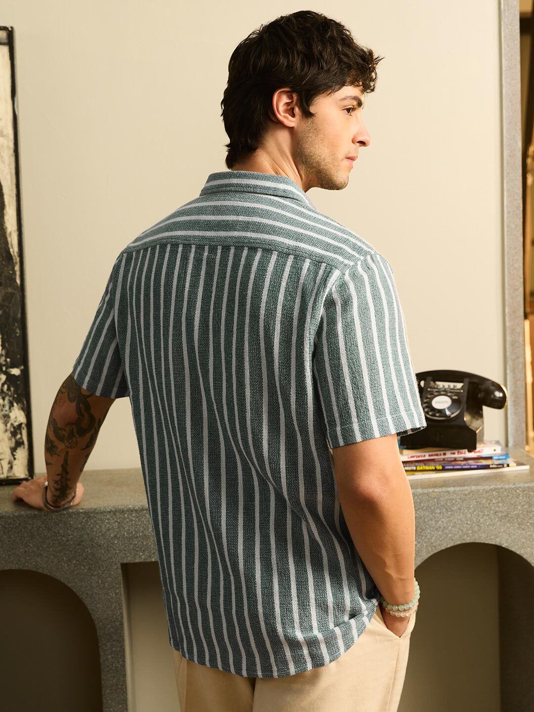 TSS Originals: Stripes Green Men Textured Shirts price