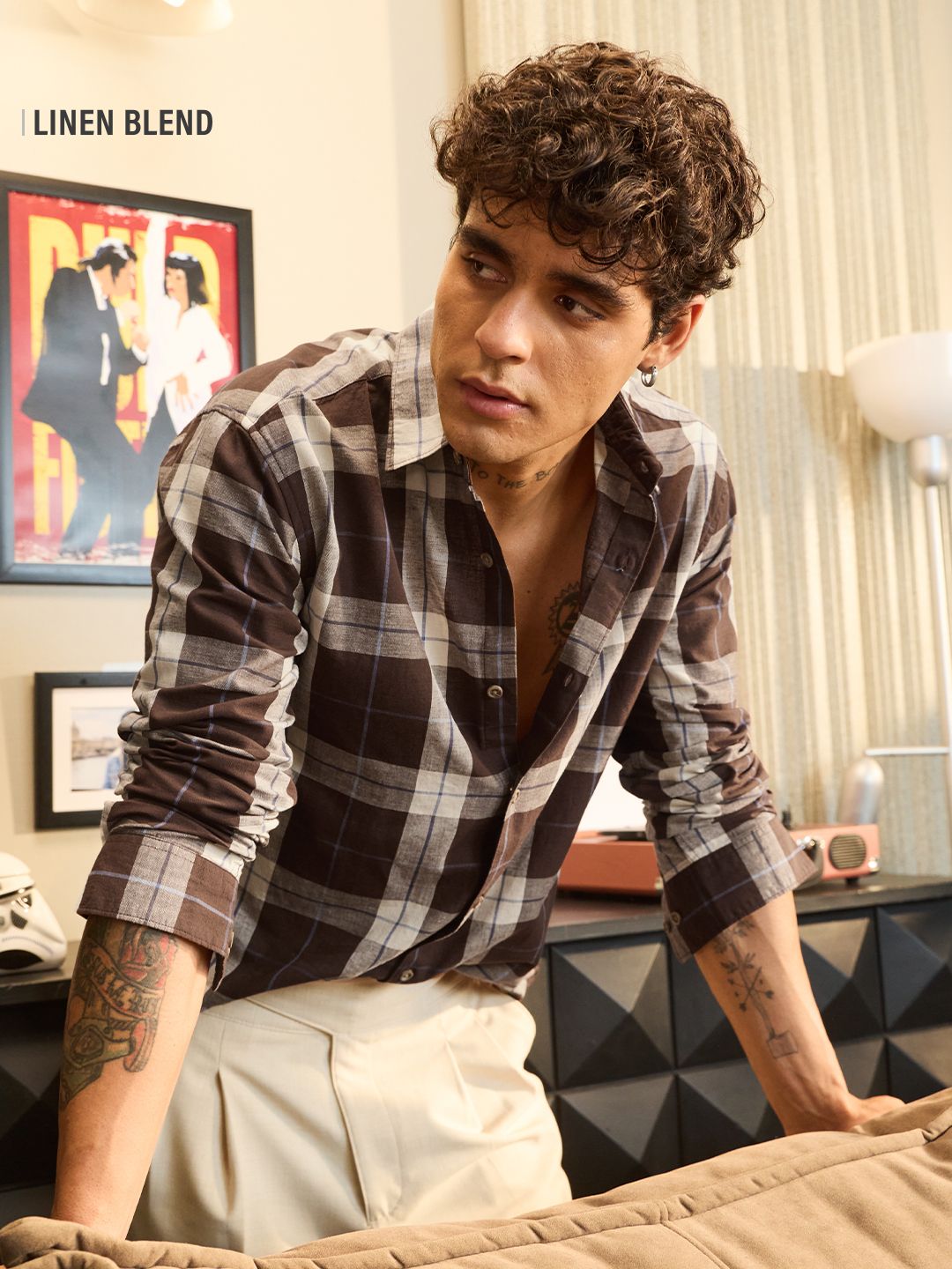 Cotton Linen Checks: Mocha Cotton Linen Shirts Online
