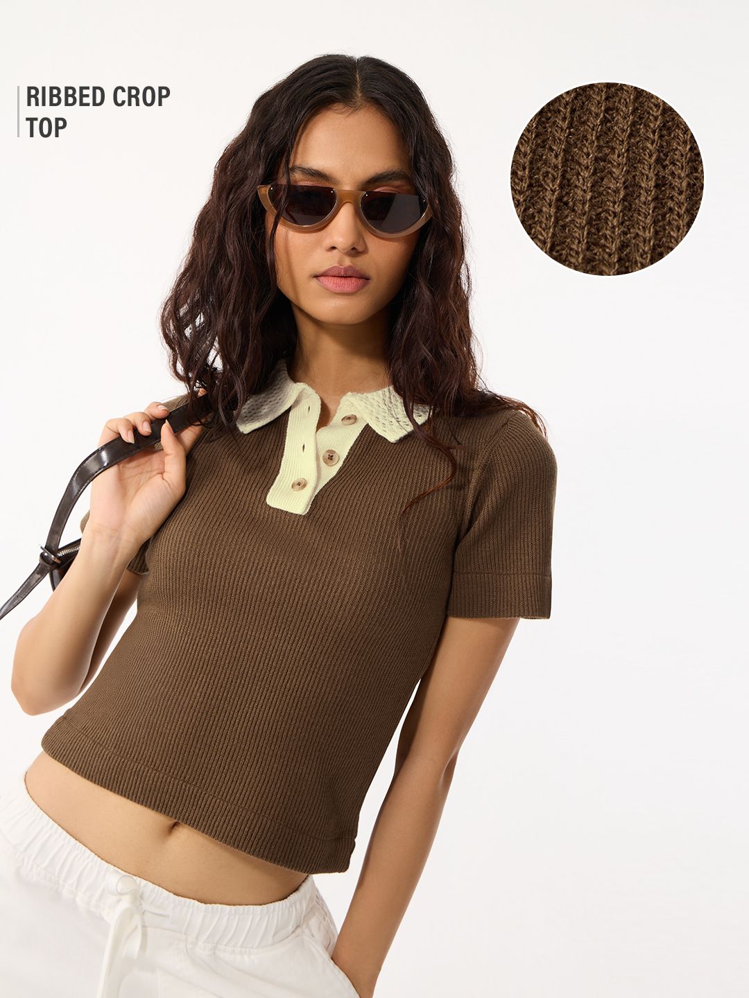 Open Knit Polo: Espresso Women Polo T-Shirts Online