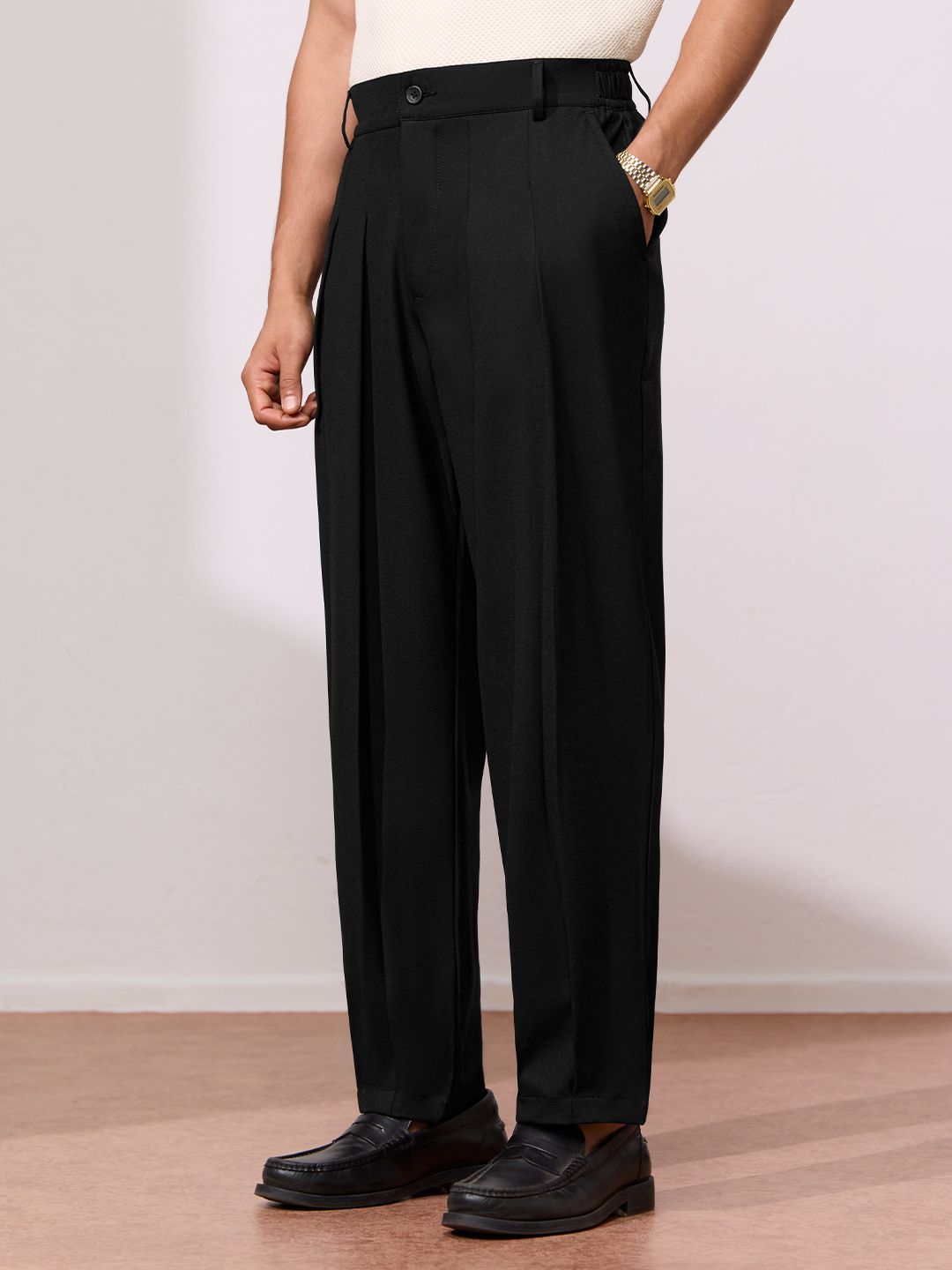 Buy Double Pleated Pants: Black Men Super Flex Pants Online