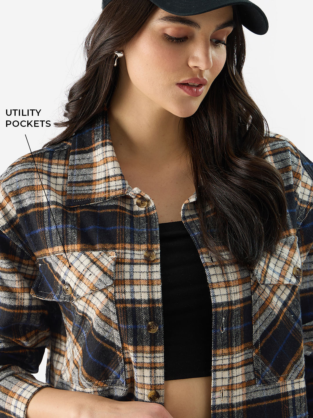 Buy Plaid: Orange, Black and White Button Shacket Online